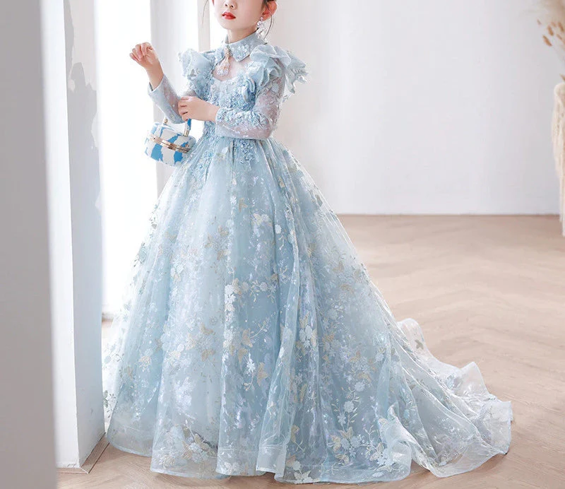A-Line/Princess Long Sleeves Lace Girl Party Dress with Appliques & Train - Image 3