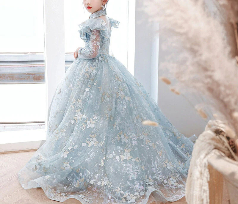 A-Line/Princess Long Sleeves Lace Girl Party Dress with Appliques & Train - Image 4