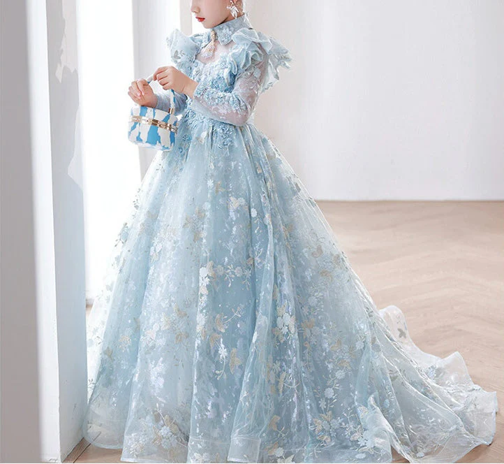 A-Line/Princess Long Sleeves Lace Girl Party Dress with Appliques & Train - Image 5