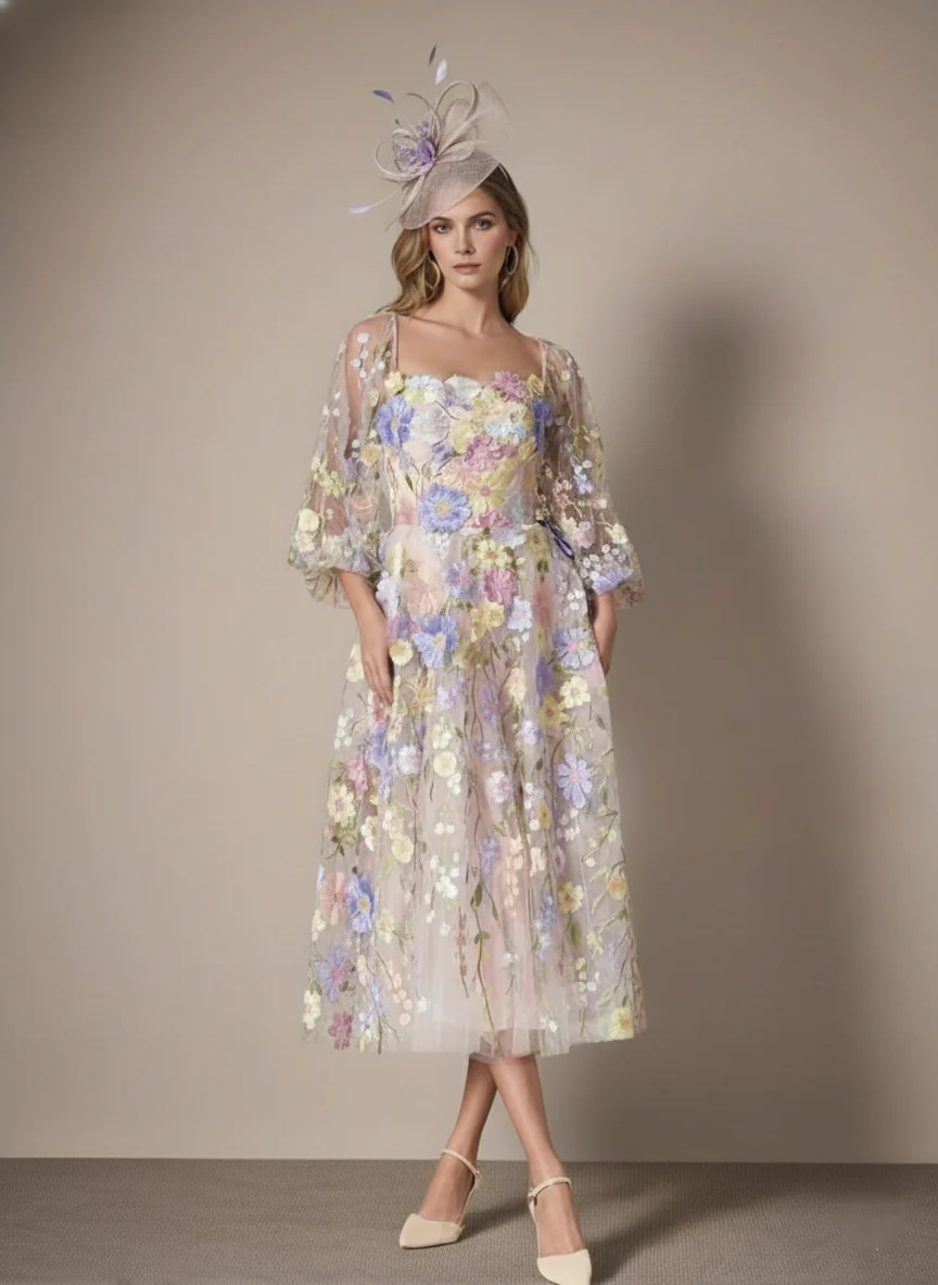 A-Line/Princess Long Sleeves Square Neck Tea-Length Mother of the Bride Dresses with Appliques - Image 3