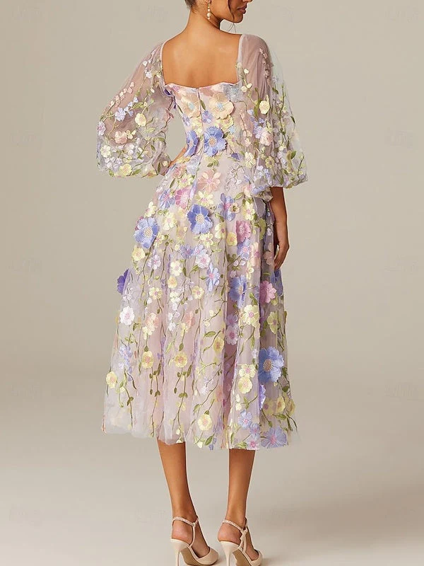 A-Line/Princess Long Sleeves Square Neck Tea-Length Mother of the Bride Dresses with Appliques - Image 4