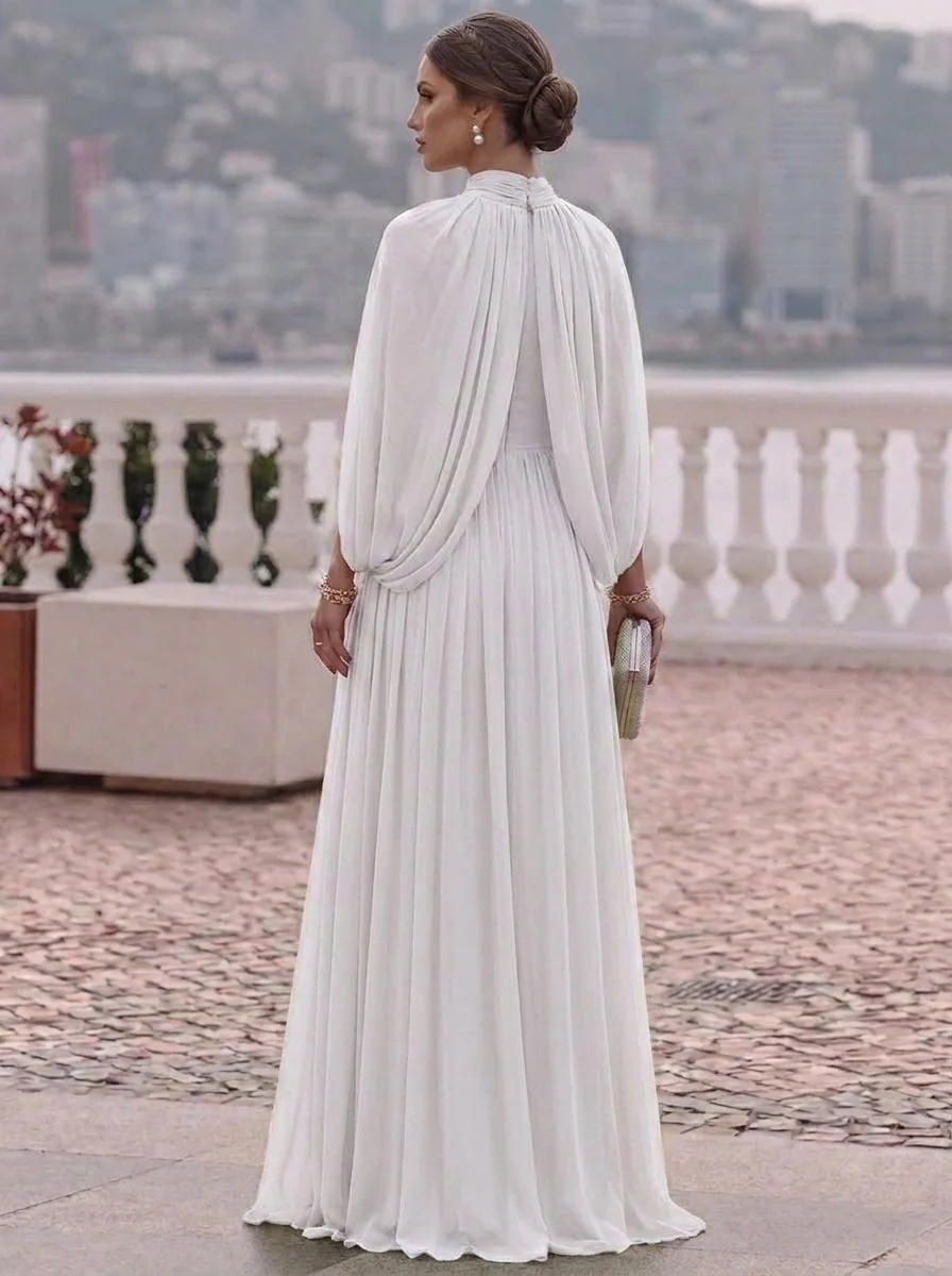A-Line/Princess Mock Neck Chiffon Evening Dresses Cape Sleeves Floor-Length Ruched Formal Dresses - Image 2