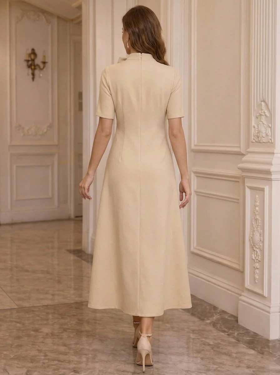 A-Line/Princess Mock Neck Stretch Satin Mother of the Bride Dresses with 3D Flowers Short Sleeves Tea-Length Bowknot - Image 2