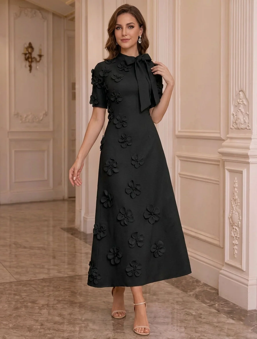 A-Line/Princess Mock Neck Stretch Satin Mother of the Bride Dresses with 3D Flowers Short Sleeves Tea-Length Bowknot - Image 3