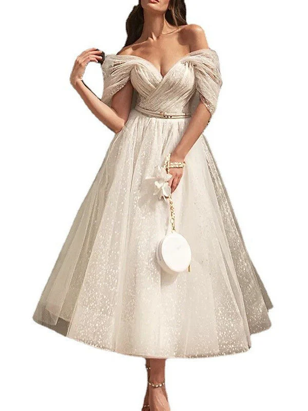 A-Line/Princess Off Shoulder Short Sleeve Tea Length Wedding Dress With Ruched - Image 3