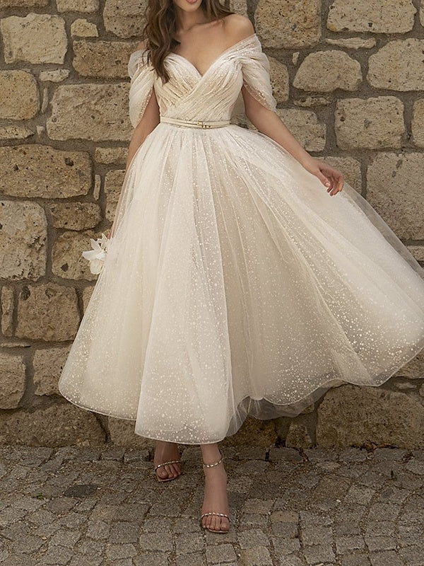 A-Line/Princess Off Shoulder Short Sleeve Tea Length Wedding Dress With Ruched - Image 4