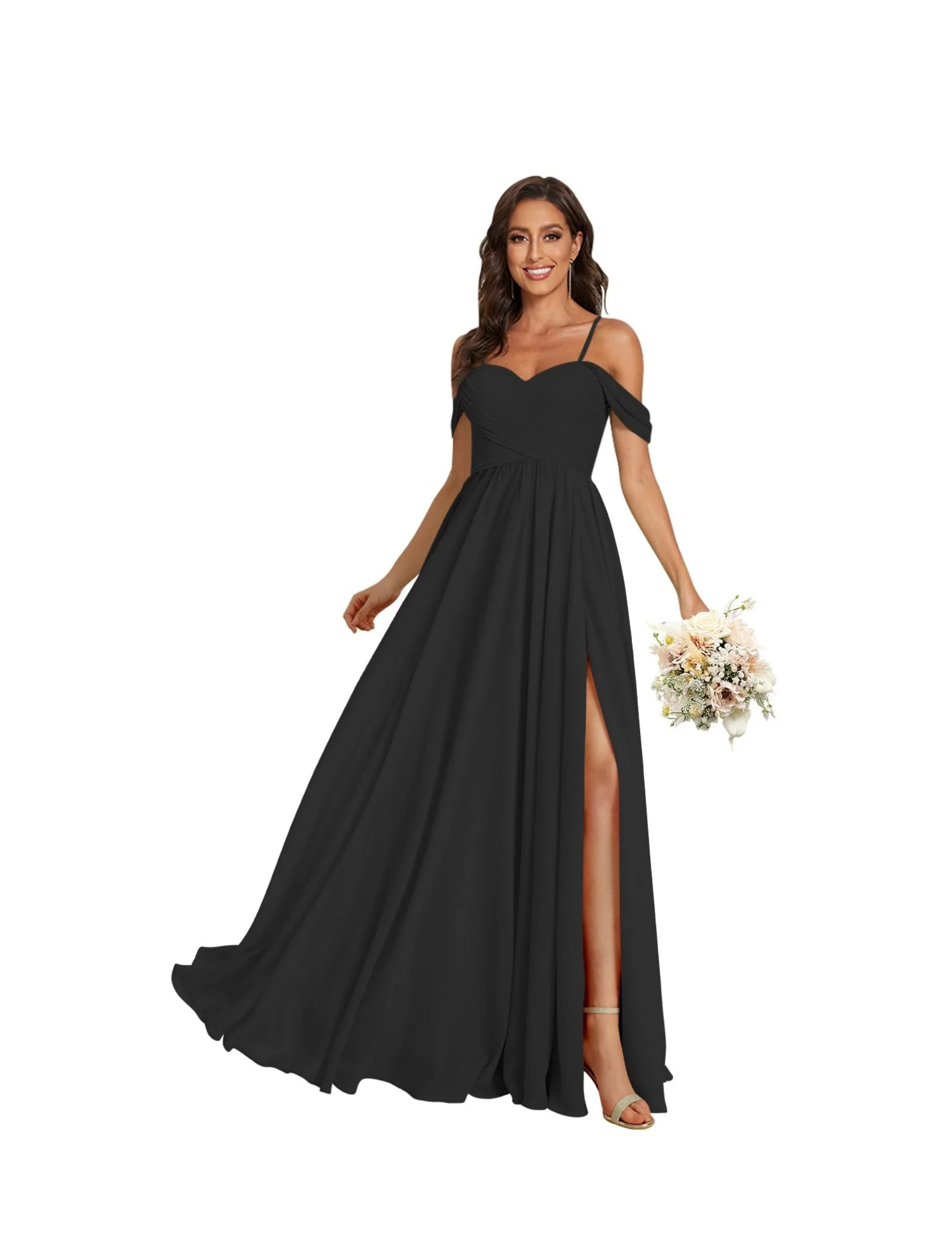 A Line /Princess Off Shoulder Sweetheart Sleeveless Floor Length Bridesmaid Dresses Chiffon with Pockets Slit - Image 2