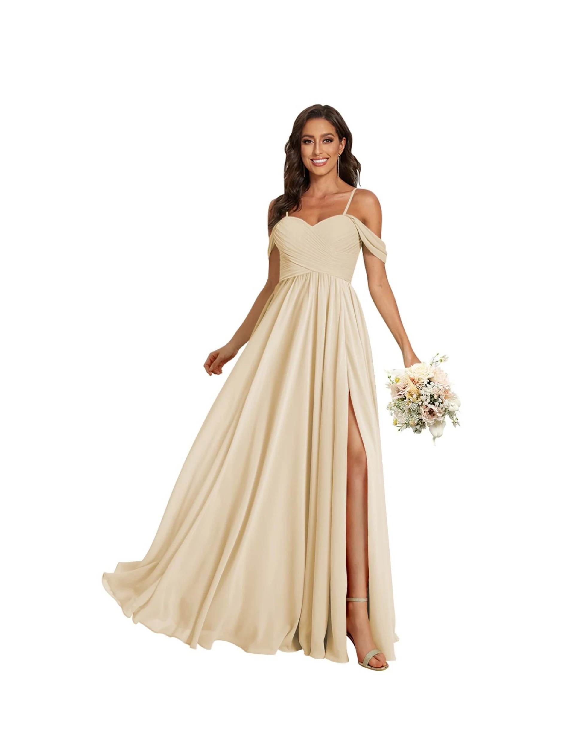 A Line /Princess Off Shoulder Sweetheart Sleeveless Floor Length Bridesmaid Dresses Chiffon with Pockets Slit - Image 20