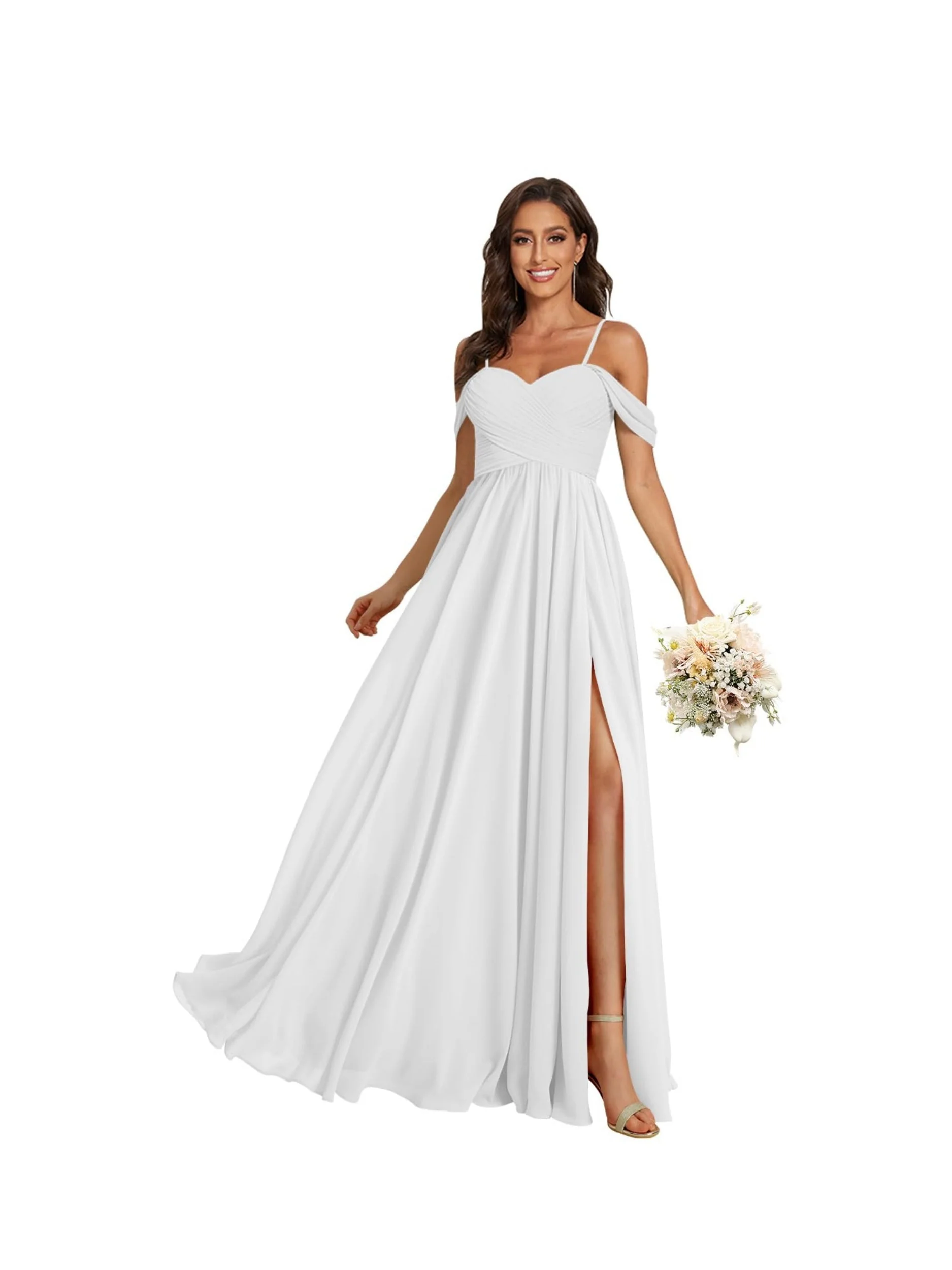 A Line /Princess Off Shoulder Sweetheart Sleeveless Floor Length Bridesmaid Dresses Chiffon with Pockets Slit - Image 3