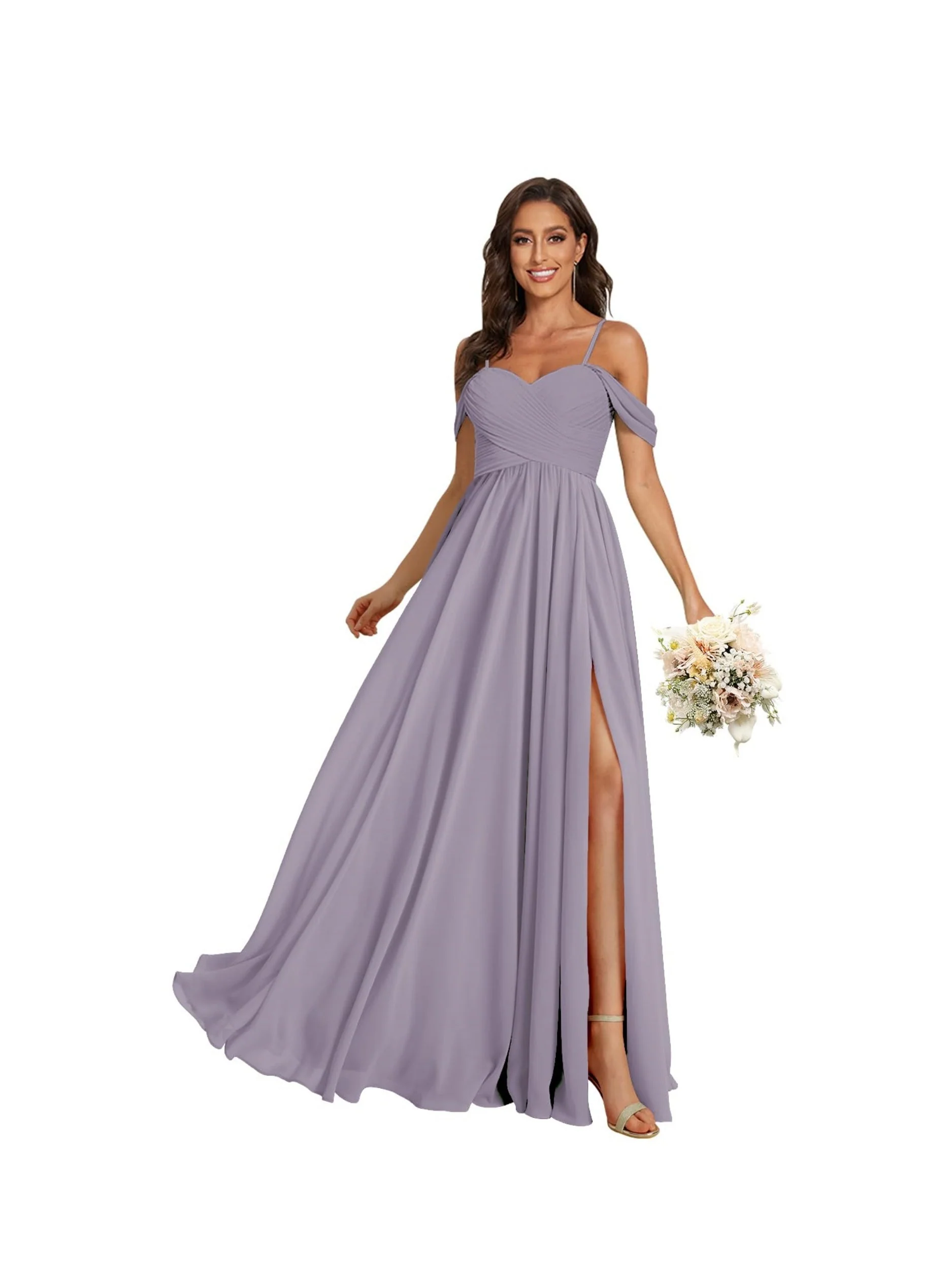 A Line /Princess Off Shoulder Sweetheart Sleeveless Floor Length Bridesmaid Dresses Chiffon with Pockets Slit - Image 32