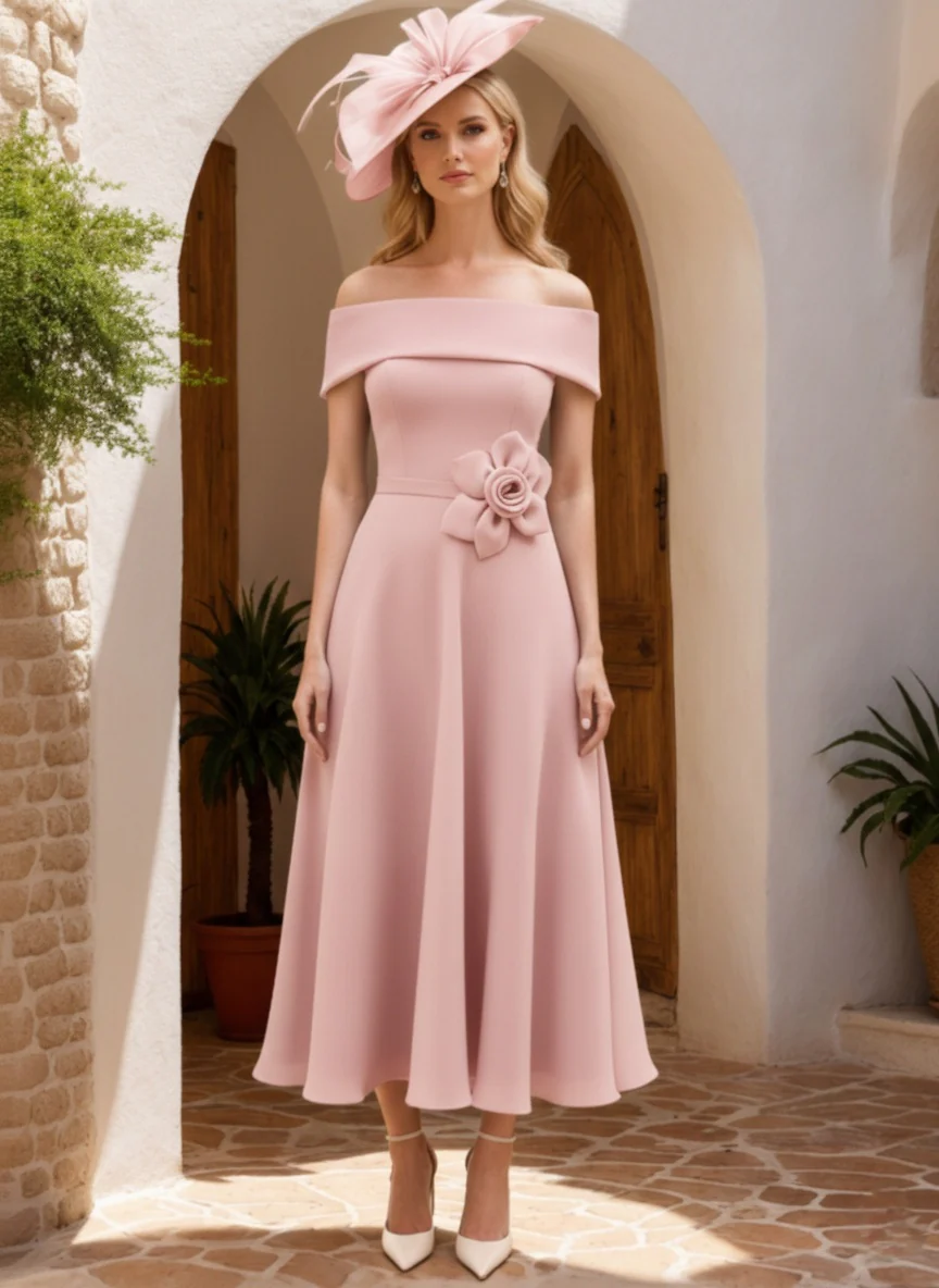 A-Line/Princess Off-the-Shoulder Ankle-Length Short Sleeves Mother of the Bride Dresses with 3D Flower - Image 6