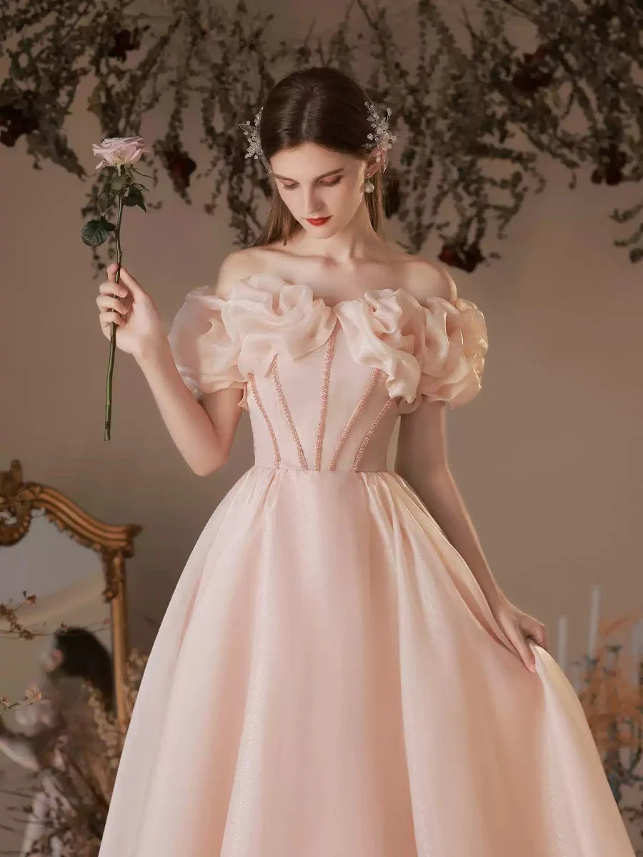 A-line/Princess Off-the-shoulder Beaded Ankle-Length Ruffled Sleeves Cocktail Dresses with Pleats & Lace-up - Image 3