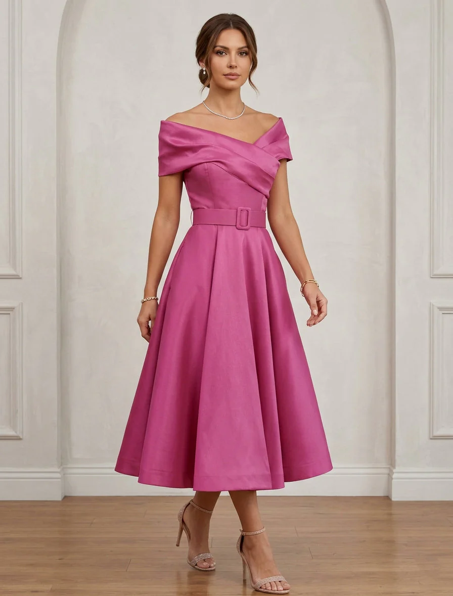 A-Line/Princess Off-the-Shoulder Cocktail Dresses Tea-Length Sleeveless Belt Formal Dresses