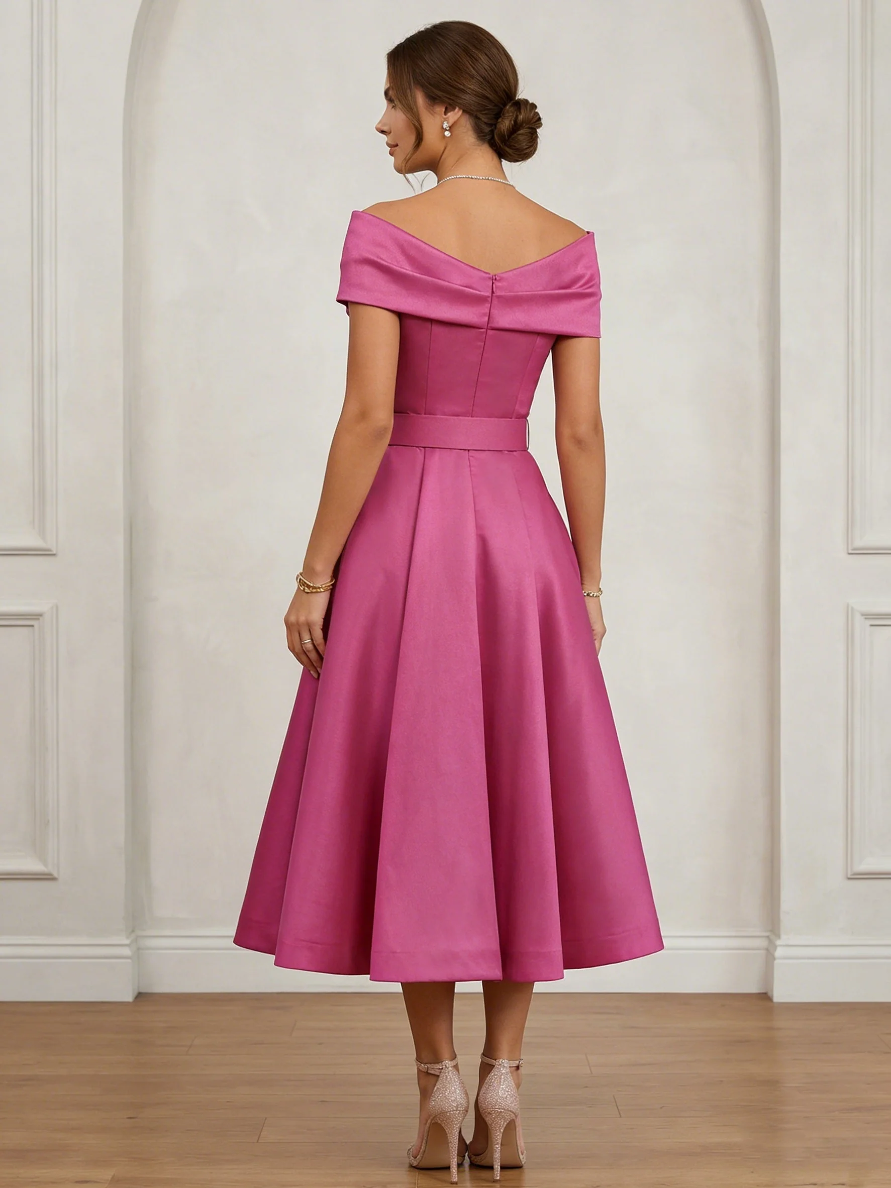 A-Line/Princess Off-the-Shoulder Cocktail Dresses Tea-Length Sleeveless Belt Formal Dresses - Image 2