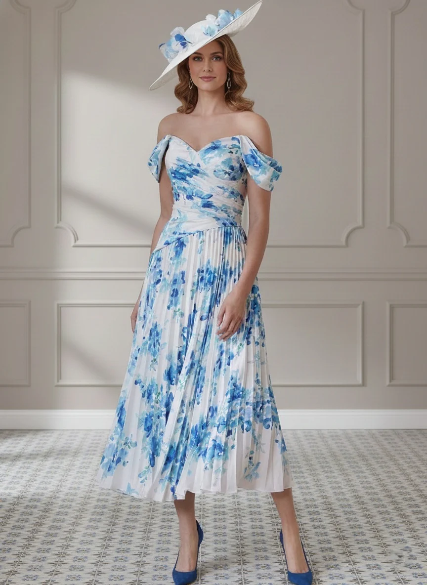 A Line/Princess Off-the-shoulder Draped Sleeves Tea-Length Printed Flower Mother of the Bride Dress