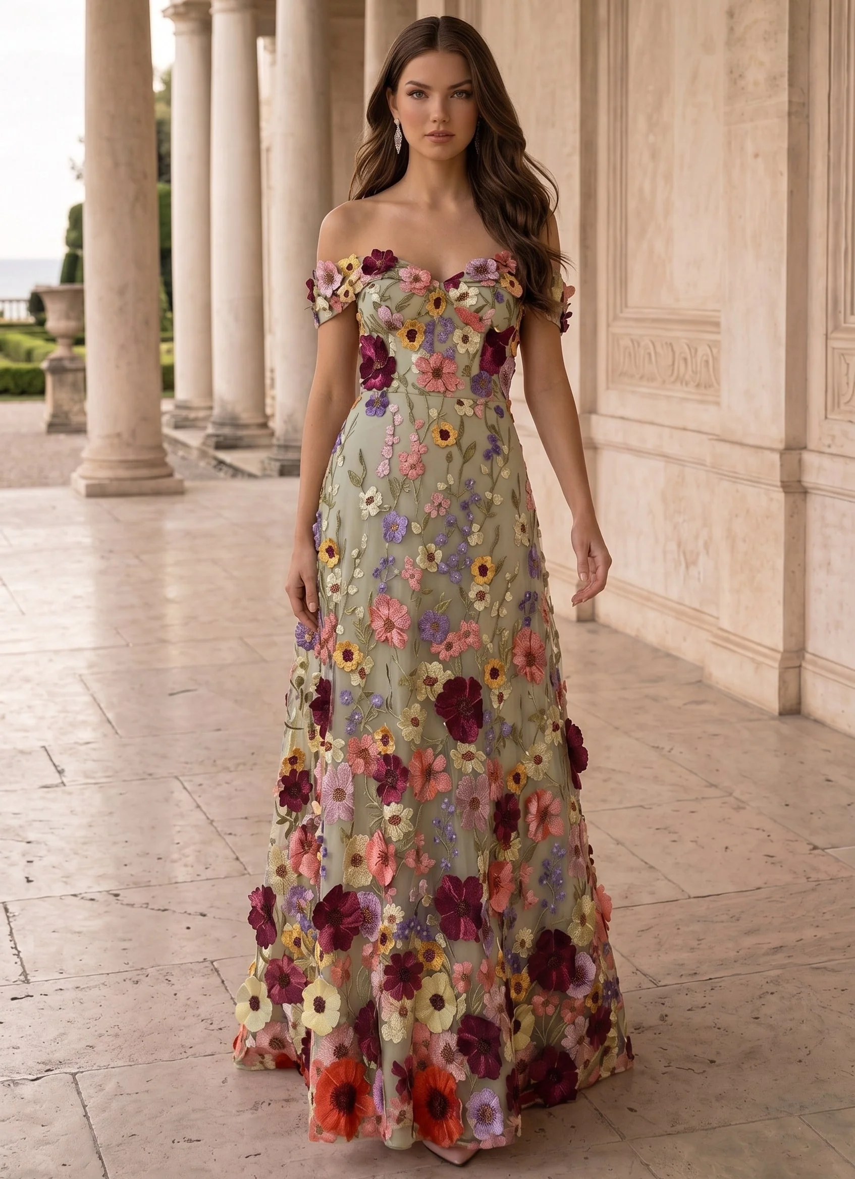 A-Line/Princess Off-the-Shoulder Evening Dresses Lace Embroidery Floor-Length Sleeveless Floral Party Dresses