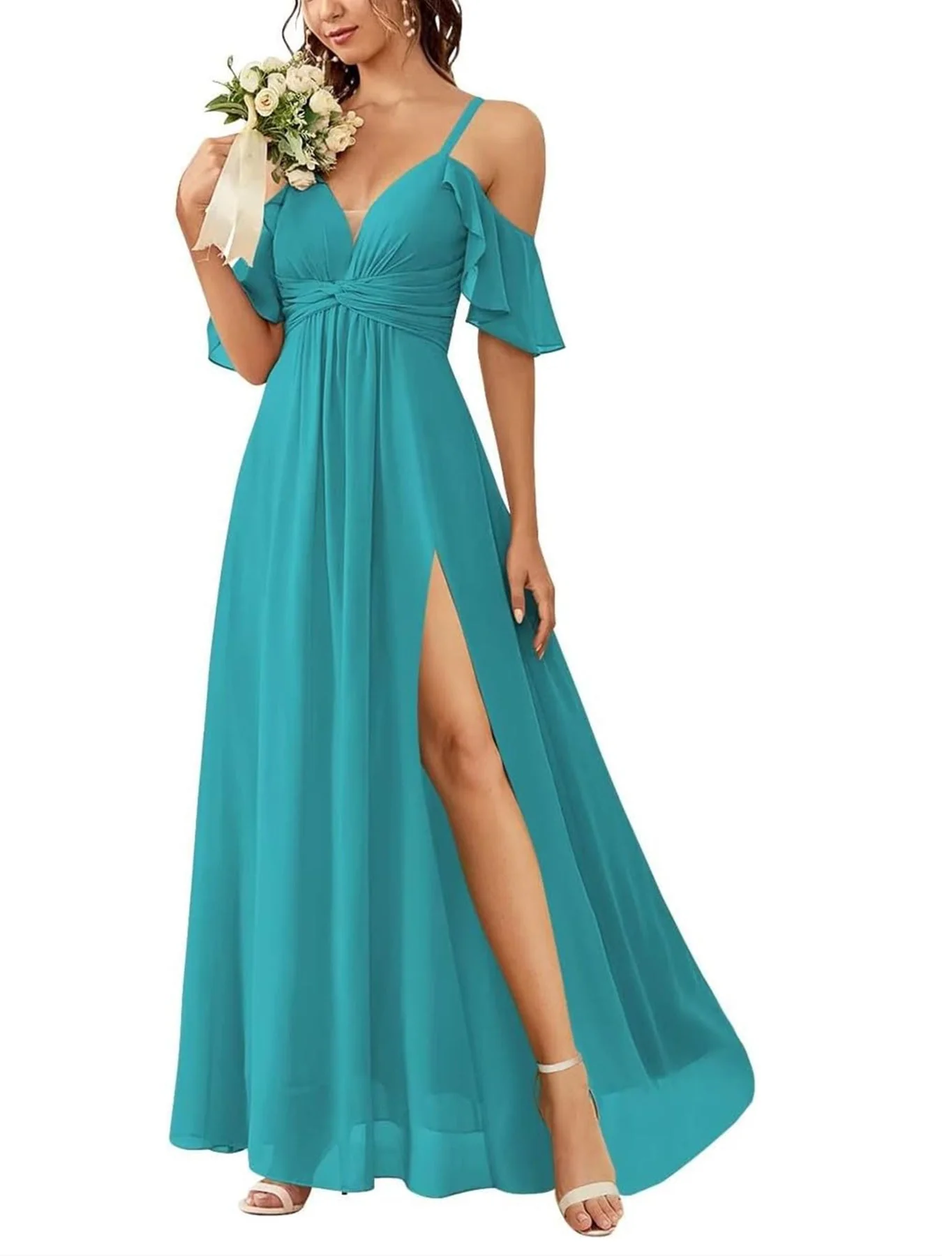 A Line/Princess Off-the-Shoulder Floor-Length Bridesmaid Dresses - Image 17