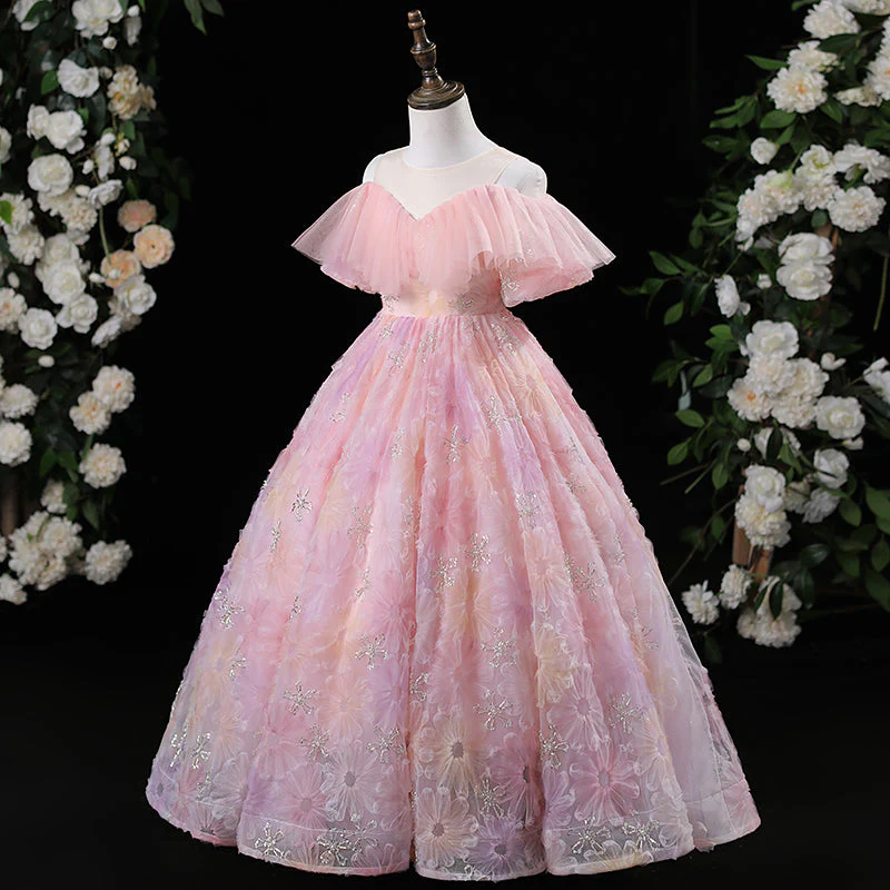 A-Line/Princess Off-the-Shoulder Floor Length Girl Party Dresses with Flowers - Image 3