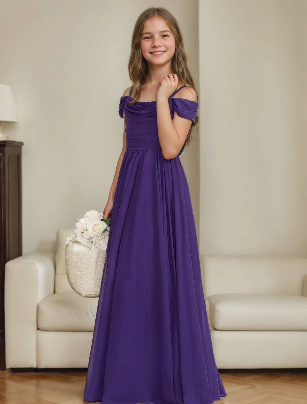 A-Line/Princess Off-the-Shoulder Floor-Length Junior Bridesmaid Dresses - Image 3