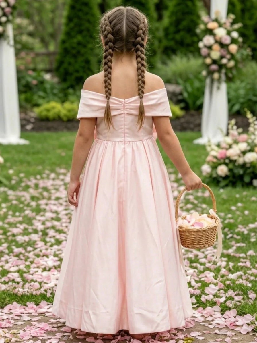 A-Line/Princess Off-the-Shoulder Floor-Length Sleeveless Satin Junior Bridesmaid Dresses With Bowknot - Image 2