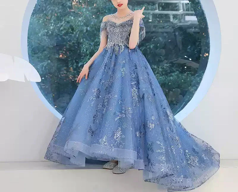 A-Line/Princess Off-the-Shoulder Girl Party Dress with Crystal Appliques & Train - Image 3