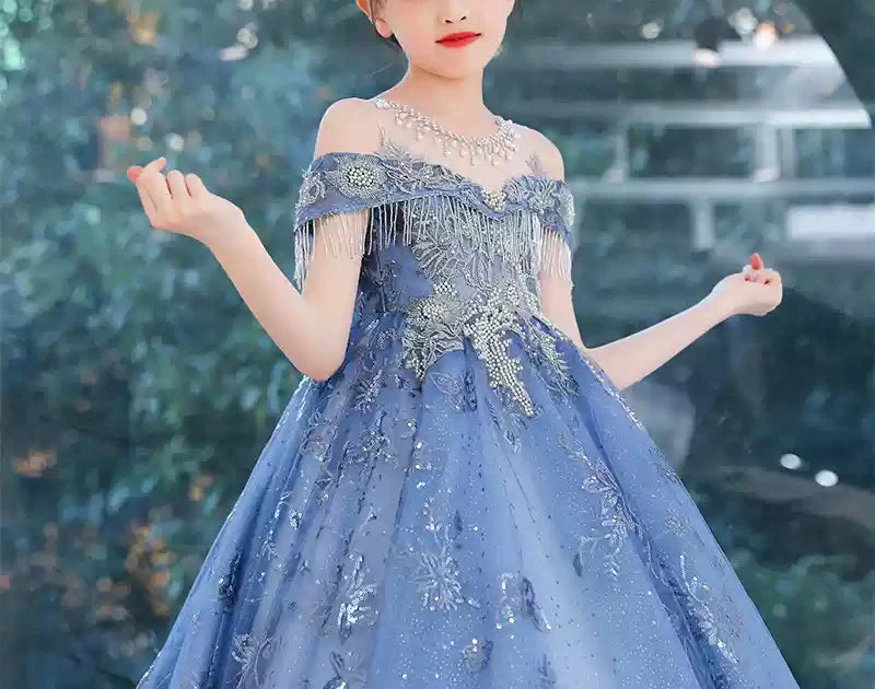 A-Line/Princess Off-the-Shoulder Girl Party Dress with Crystal Appliques & Train - Image 4