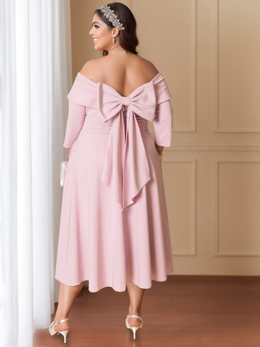 A-Line/Princess Off-the-Shoulder Half Sleeves Tea-Length Wedding Guest Dress With Bowknot - Image 2