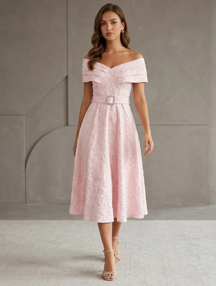 A-Line/Princess Off-the-Shoulder Jacquard Wedding Guest Dresses Tea-Length Sleeveless Floral Belt - Image 2