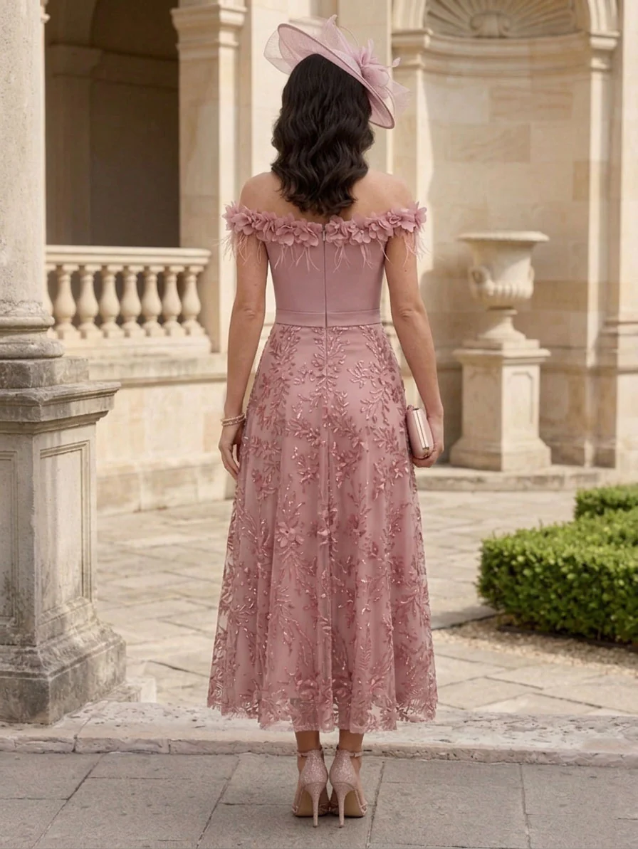 A-Line/Princess Off-the-Shoulder Lace Seuiqns Mother of the Bride Dresses 3D Flower Sleeveless Floral Tea-Length Formal Dresses - Image 2