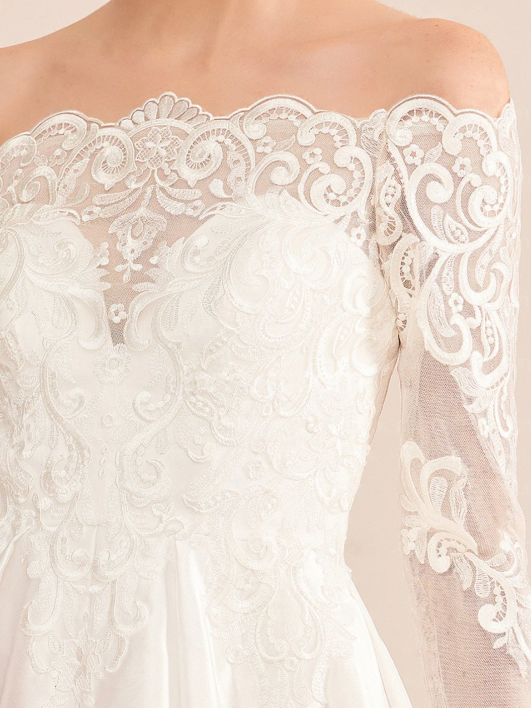 A-Line/Princess Off-the-Shoulder Long-Length Floor-Length Lace Wedding Dress with Appliques - Image 3