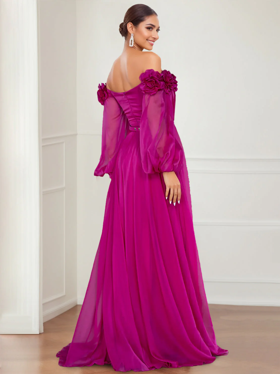 A-Line/Princess Off-the-shoulder Long Sleeves Evening Dresses with Split Side & Flower - Image 2