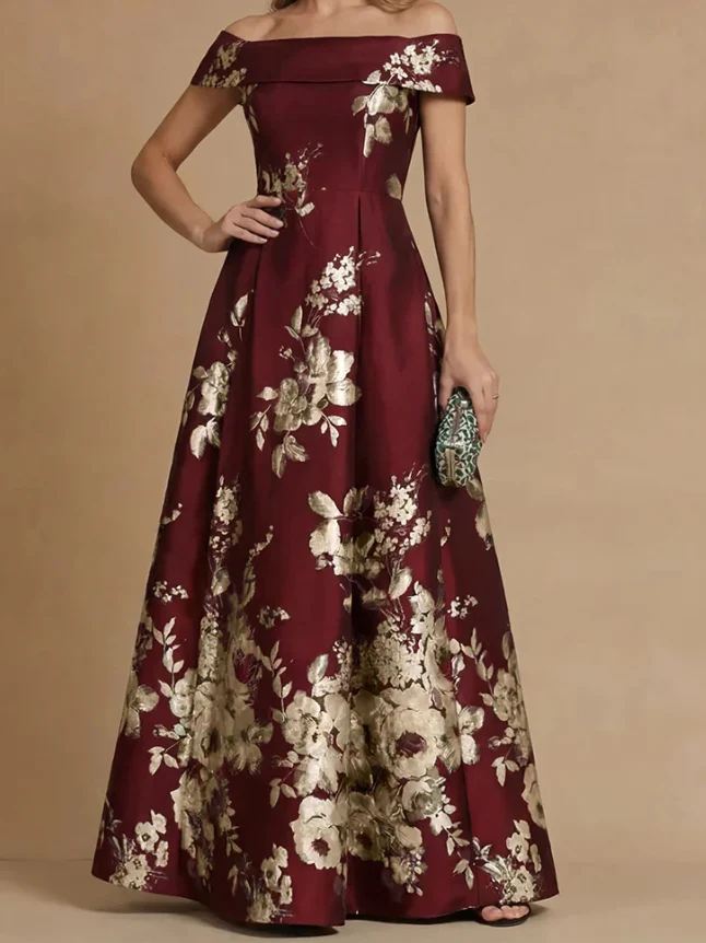 A-Line/Princess Off-the-Shoulder Mother of the Bride Dresses Printed Satin Floor-Length Sleeveless - Image 10