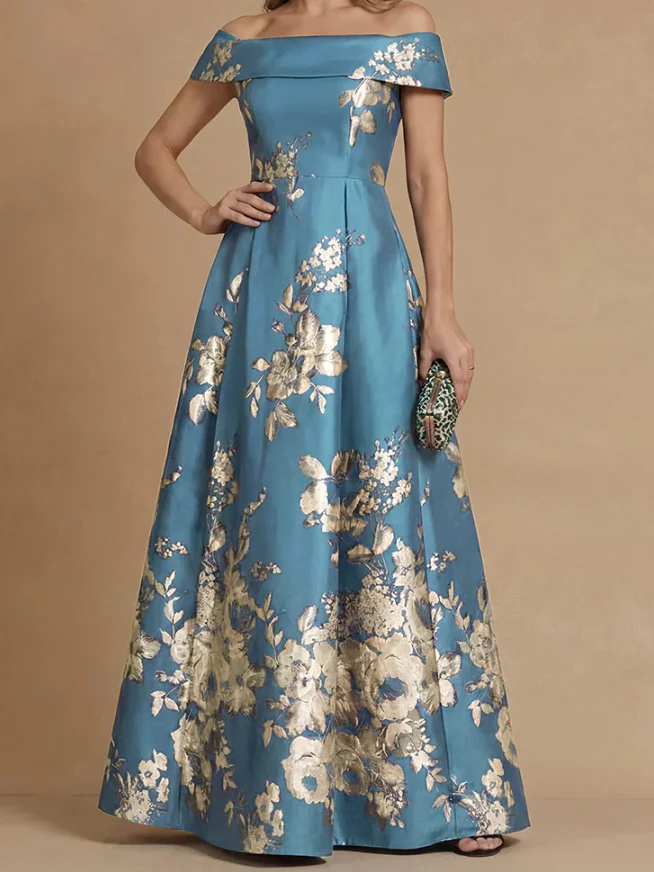 A-Line/Princess Off-the-Shoulder Mother of the Bride Dresses Printed Satin Floor-Length Sleeveless - Image 4