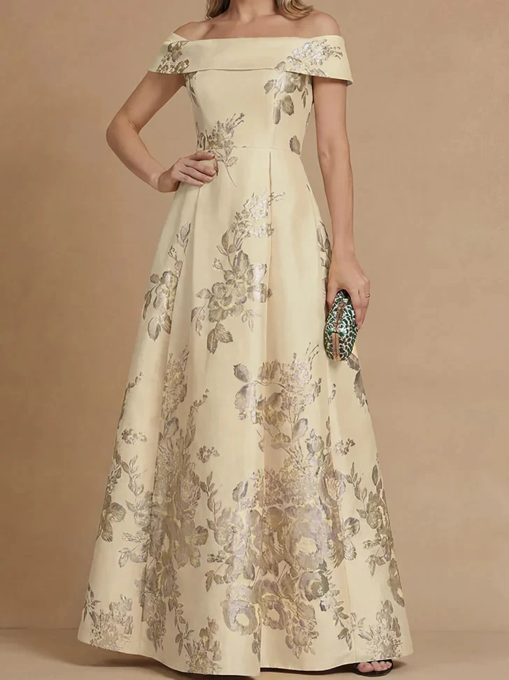 A-Line/Princess Off-the-Shoulder Mother of the Bride Dresses Printed Satin Floor-Length Sleeveless - Image 5