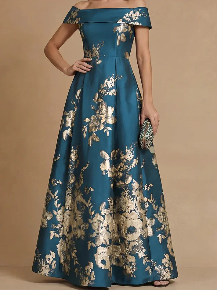 A-Line/Princess Off-the-Shoulder Mother of the Bride Dresses Printed Satin Floor-Length Sleeveless - Image 6