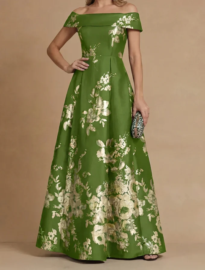 A-Line/Princess Off-the-Shoulder Mother of the Bride Dresses Printed Satin Floor-Length Sleeveless - Image 7