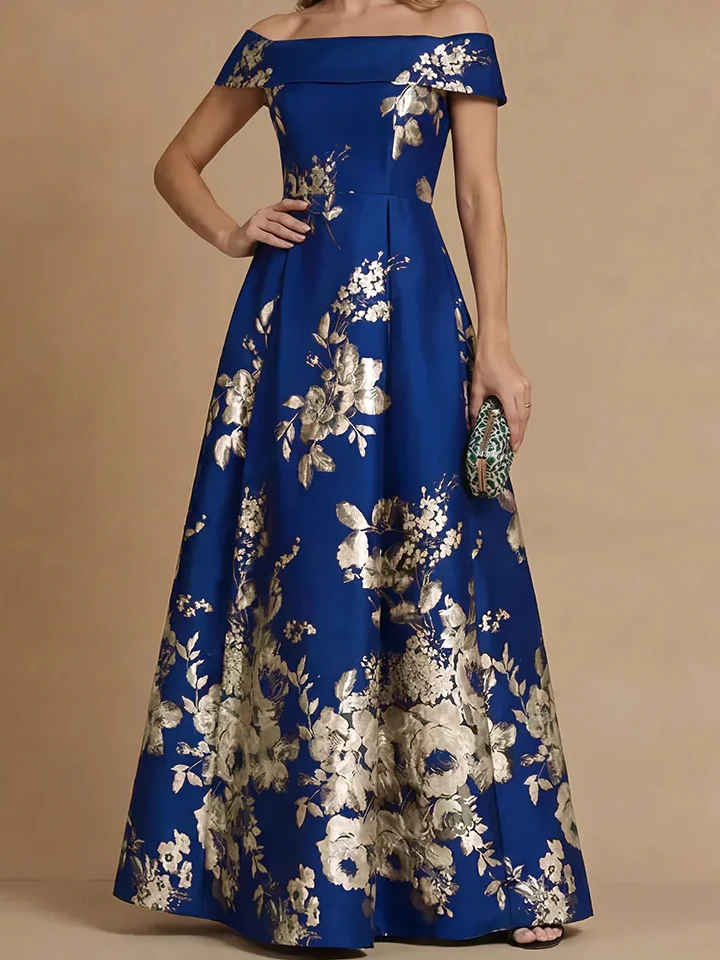 A-Line/Princess Off-the-Shoulder Mother of the Bride Dresses Printed Satin Floor-Length Sleeveless - Image 9