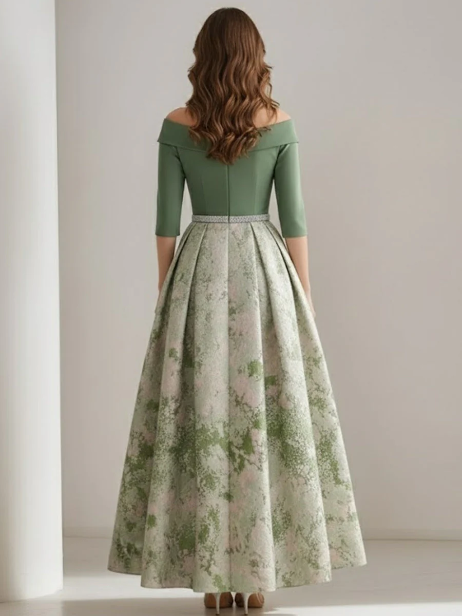 A-Line/Princess Off-the-Shoulder Mother of the Bride Dresses Satin 3/4 Sleeves Ankle-Length Floral Sash - Image 2