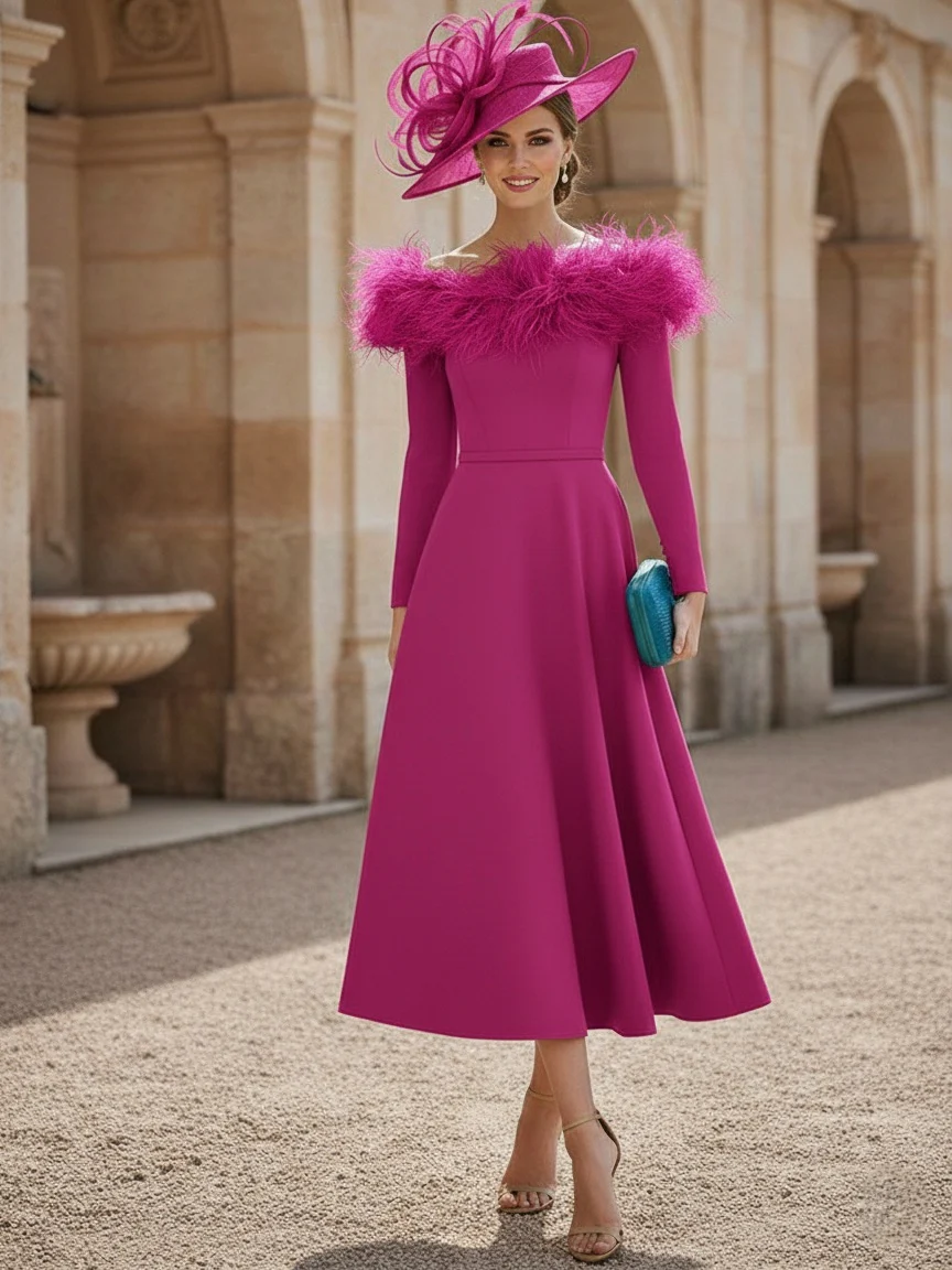 A-Line/Princess Off-the-Shoulder Mother of the Bride Dresses Stretch Satin Tea-Length Long Sleeves - Image 2