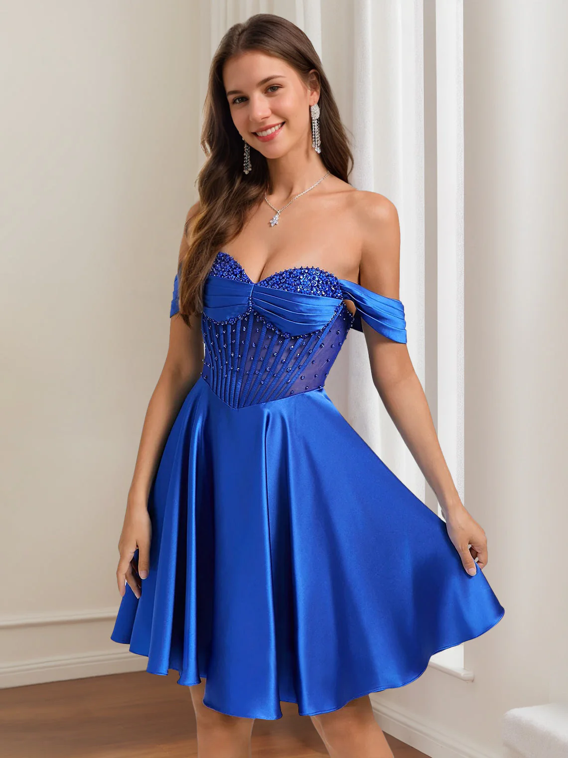 A-Line/Princess Off-The-Shoulder Pleated Short/Mini Homecoming Dresses with Rhinestones & Beads - Image 4