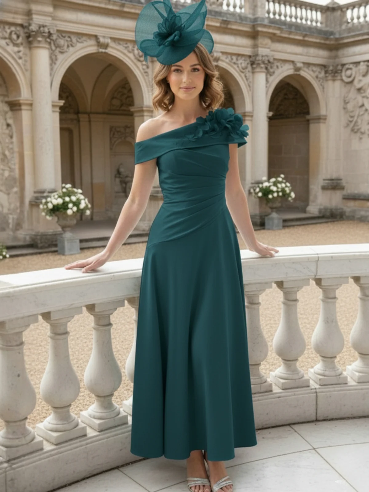 A-Line/Princess Off-the-Shoulder Pleated Tea-Length Mother of the Bride Dresses with 3D Flower - Image 13