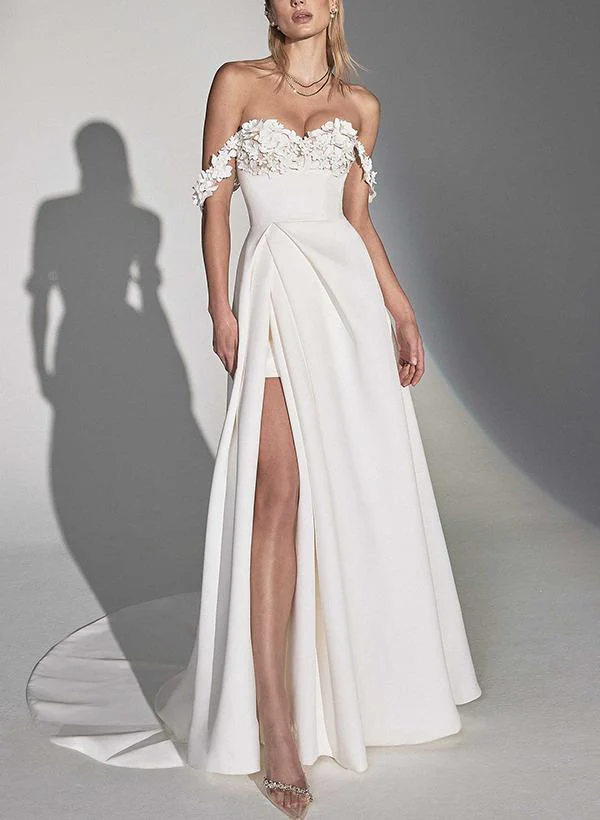 A-Line/Princess Off-The-Shoulder Pleated Wedding Dresses with Appliques & Buttons & Side Slit - Image 3
