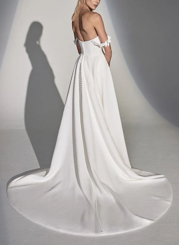 A-Line/Princess Off-The-Shoulder Pleated Wedding Dresses with Appliques & Buttons & Side Slit - Image 4