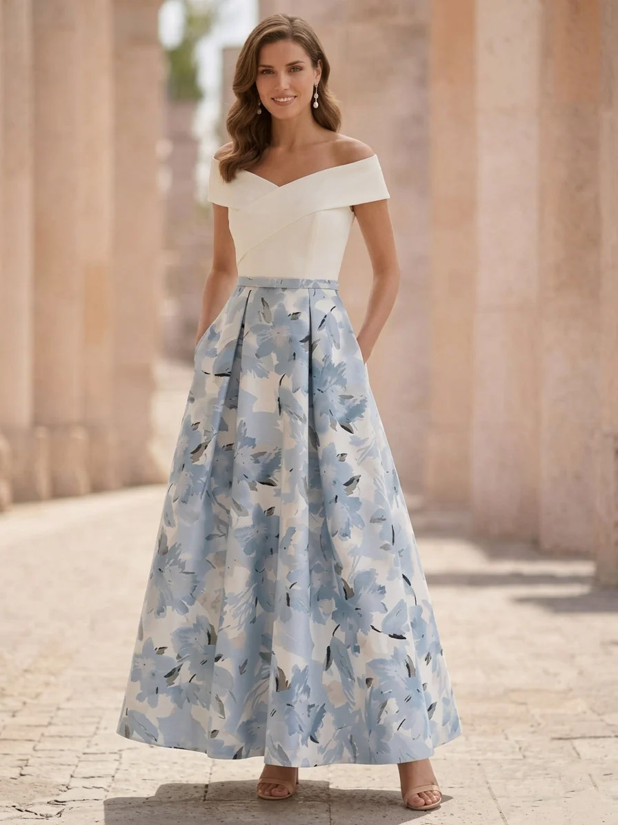 A-Line/Princess Off-the-Shoulder Printed Cocktail Dresses Sleeveless Floral Ankle-Length Formal Dresses - Image 3