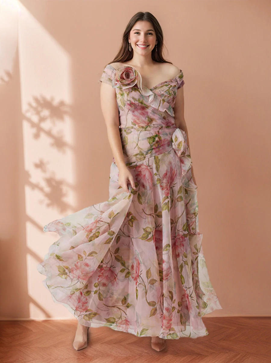 A-Line/Princess Off-the-Shoulder Printed Floral Plus Size Prom Dresses with Ruffles