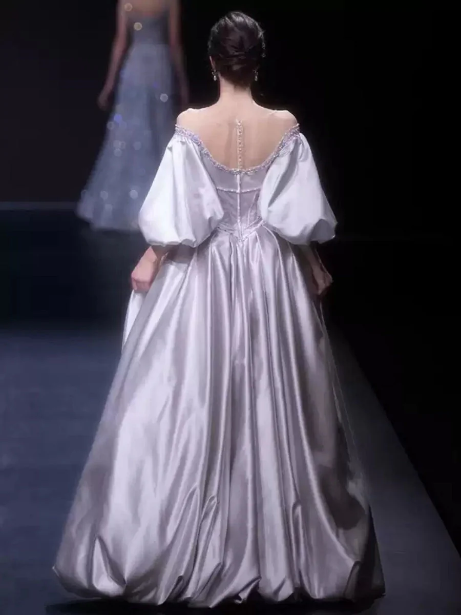A-line/Princess Off-the-shoulder Puff Sleeves Floor-Length Pleated Wedding Dresses with Crystals - Image 2