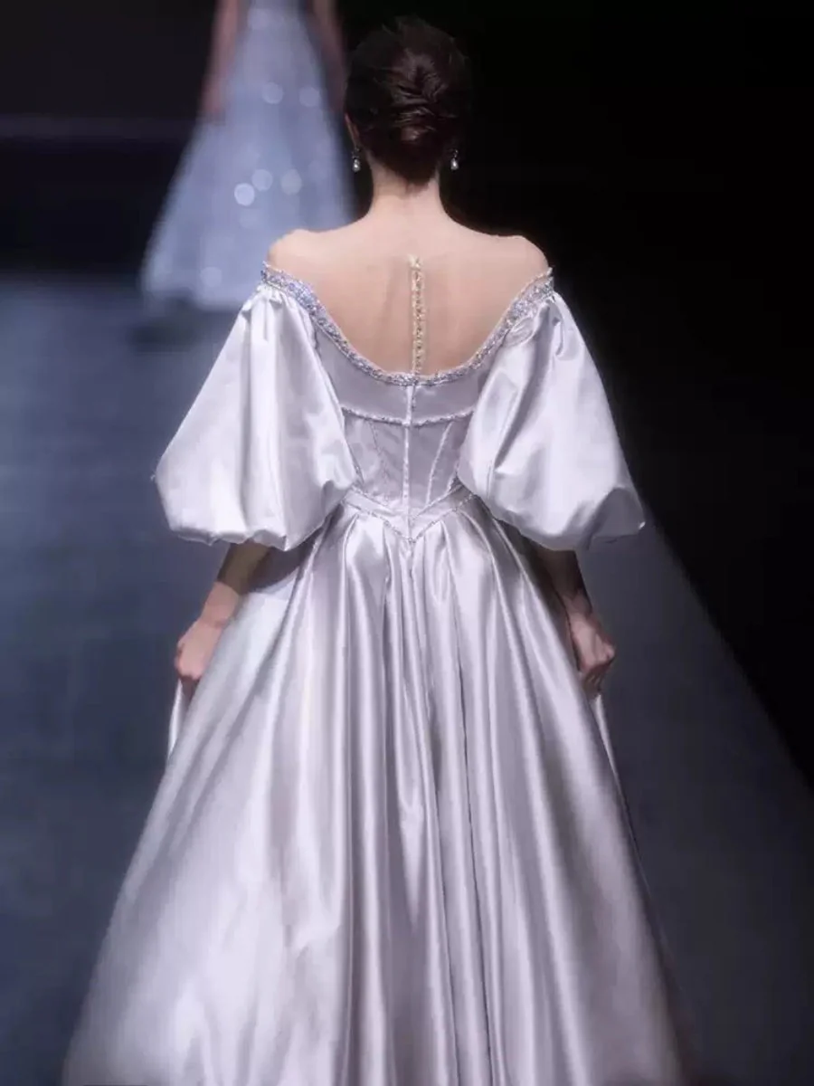 A-line/Princess Off-the-shoulder Puff Sleeves Floor-Length Pleated Wedding Dresses with Crystals - Image 4