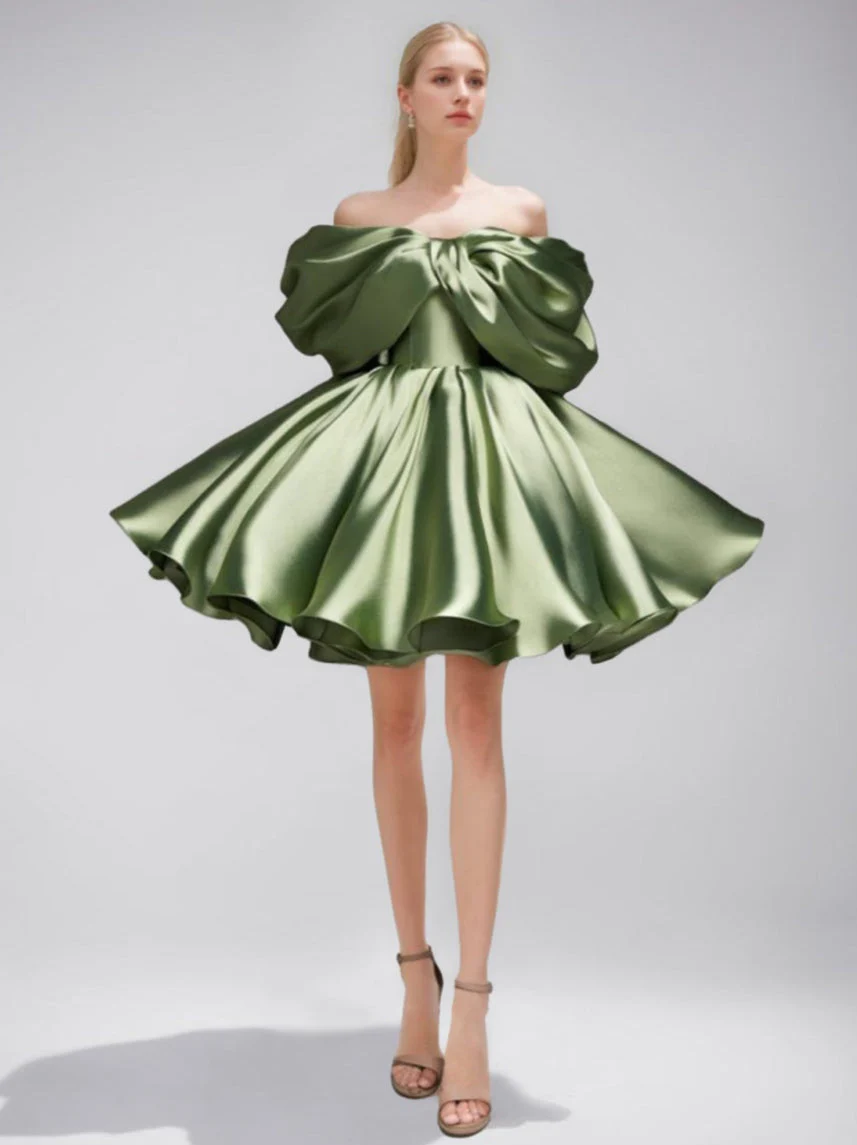A-Line/Princess Off-the-shoulder Puff Sleeves Short/Mini Evening Dresses Pleats & Lace-Up