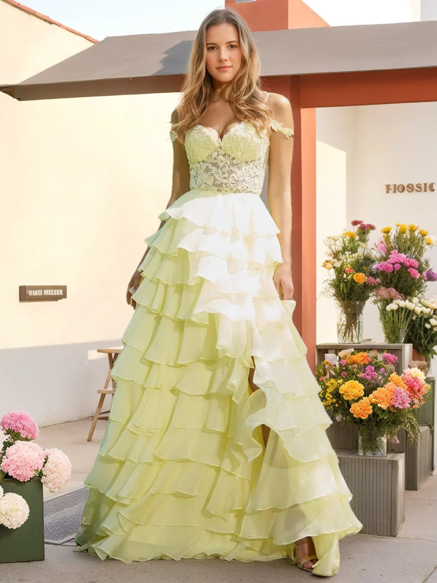 A-Line/Princess Off-the-Shoulder Romantic Prom Dresses with Ruffles & Side Slit & Appliques - Image 3