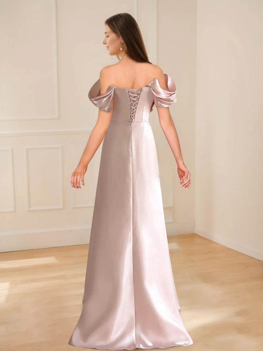A-Line/Princess Off-the-shoulder Ruched Elegant Prom Dresses with Beadings & Lace-up - Image 2